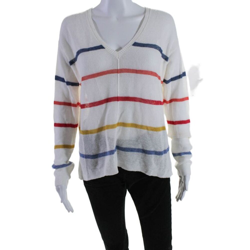 Designer Womens White Multi Striped V-neck Long Sleeve Sweater Top Size S